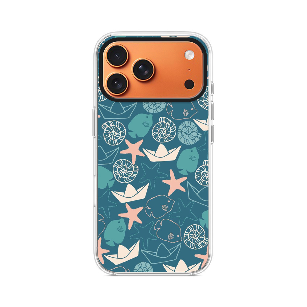 海の生き物と紙船のパターン iPhone 17 Pro Maxオリジナルケース