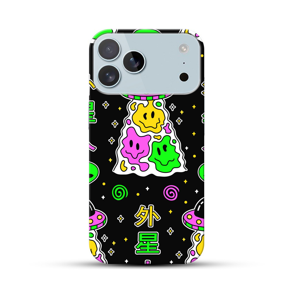 カラフルな宇宙人とUFOのパターン iPhone 17 Pro Maxオリジナルハードケース