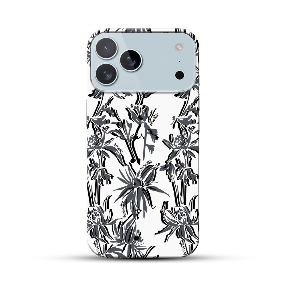 黒背景の銀色植物模様 iPhone 17 Pro Maxオリジナルハードケース