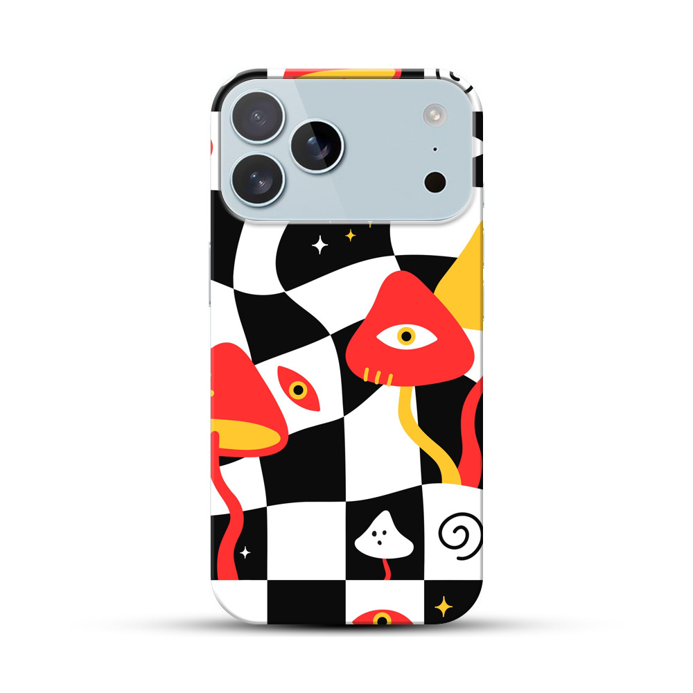 目を持つキノコとチェック柄 iPhone 17 Pro Maxオリジナルハードケース