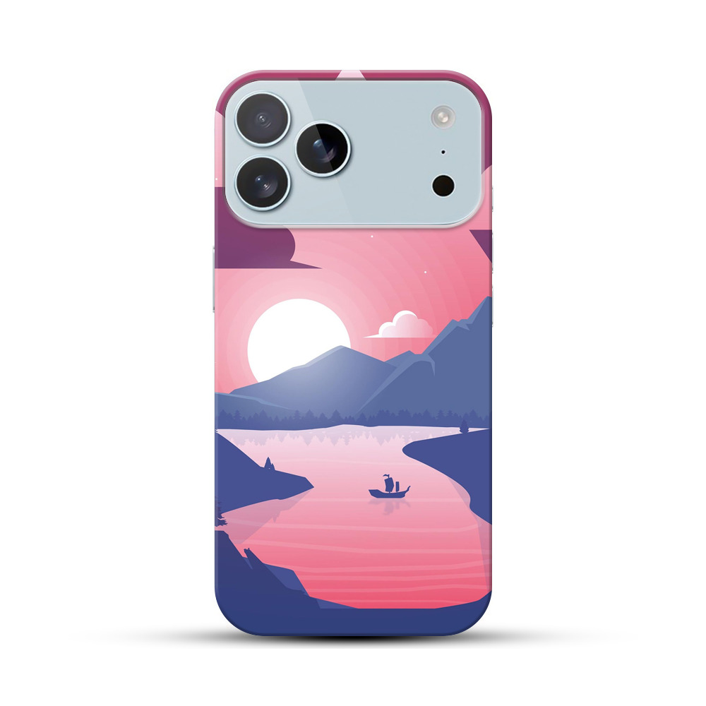 ピンク夕焼けの山湖風景ケース iPhone 17 Pro Maxオリジナルハードケース