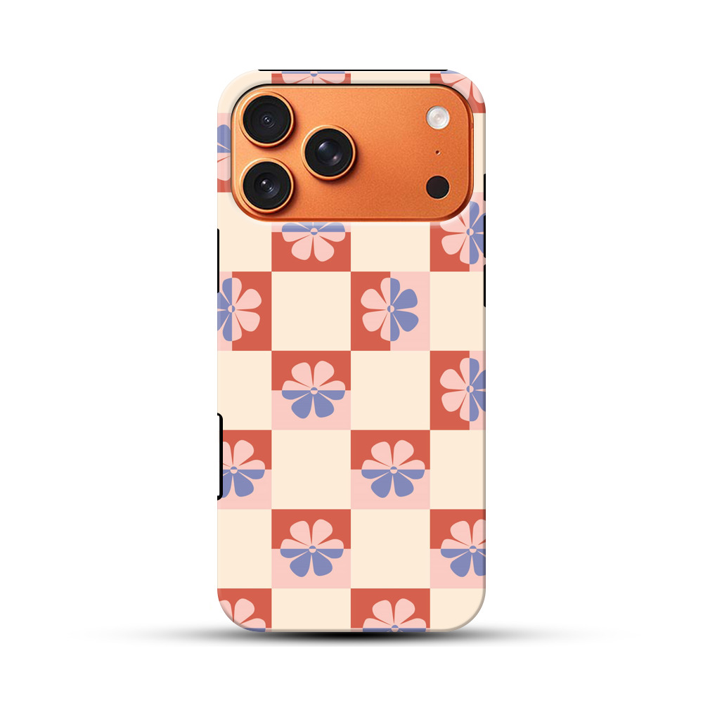 花のチェッカーパターン模様 iPhone 17 Pro Maxオリジナル耐衝撃ケース