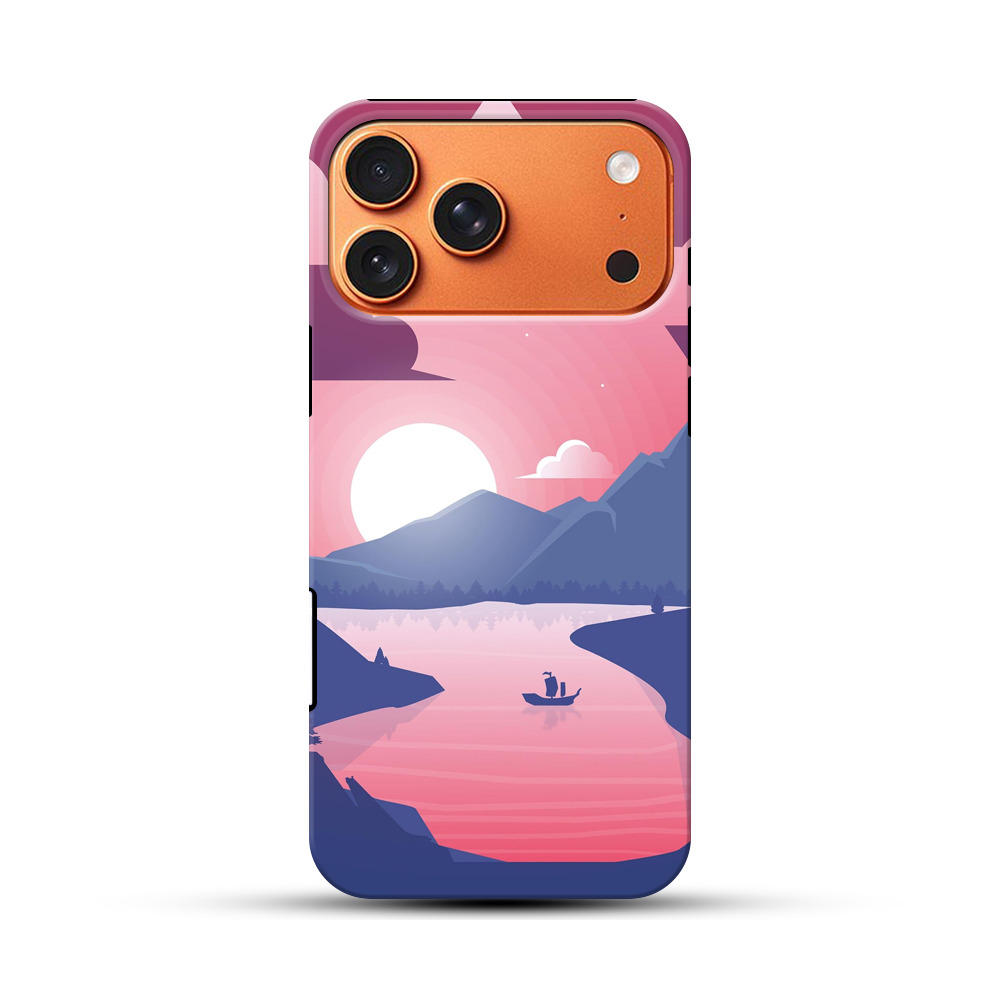 ピンク夕焼けの山湖風景ケース iPhone 17 Pro Maxオリジナル耐衝撃ケース