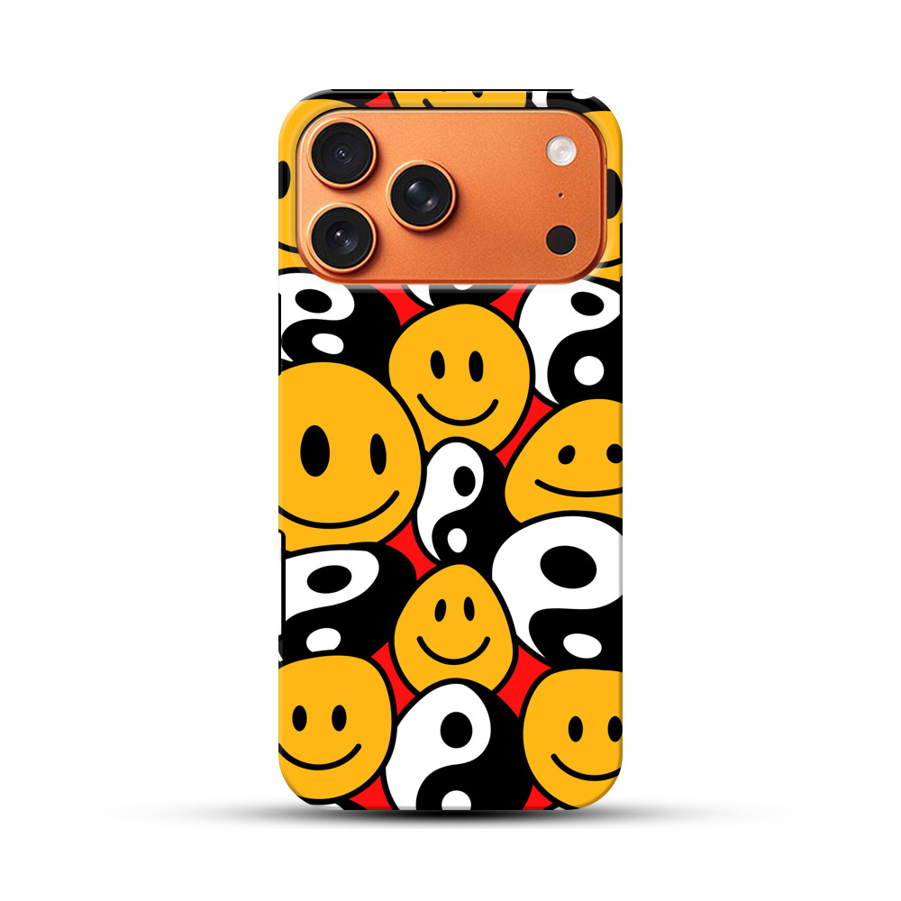 スマイリーフェイスと陰陽シンボルのパターン iPhone 17 Pro Maxオリジナル耐衝撃ケース