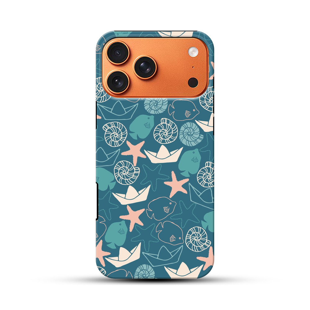 海の生き物と紙船のパターン iPhone 17 Pro Maxオリジナル耐衝撃ケース