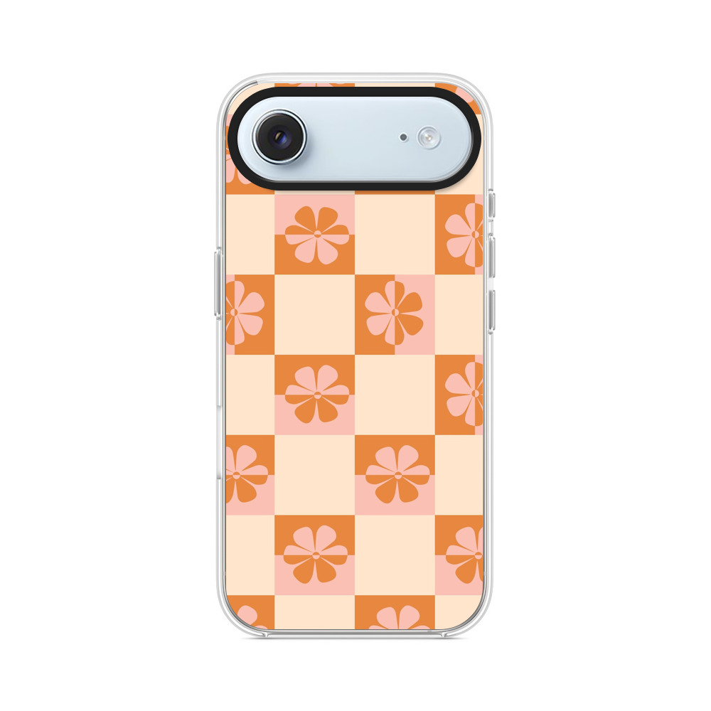 オレンジ色の花柄チェック模様 iPhone Airオリジナルケース