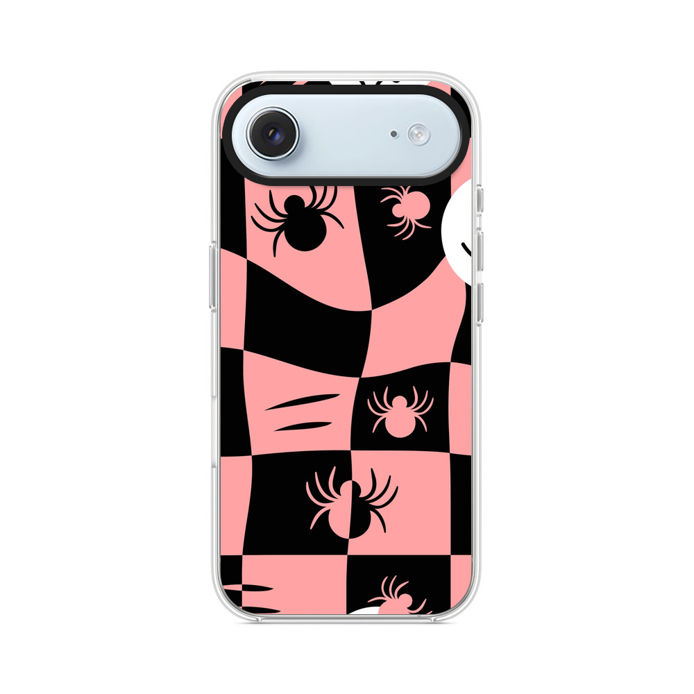 ピンクと黒のチェッカーボード柄のかわいいおばけとクモ iPhone Airオリジナルケース