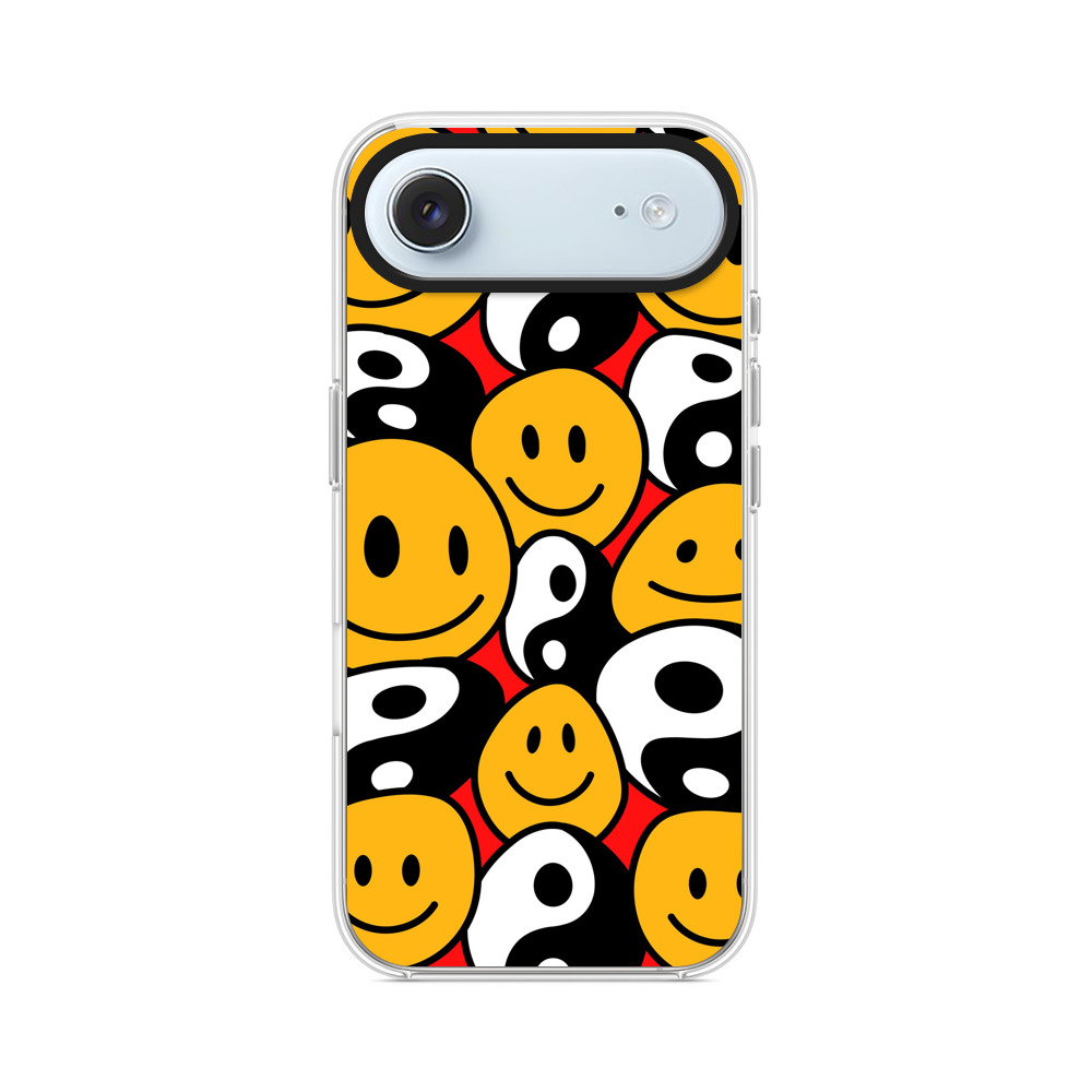 スマイリーフェイスと陰陽シンボルのパターン iPhone Airオリジナルケース