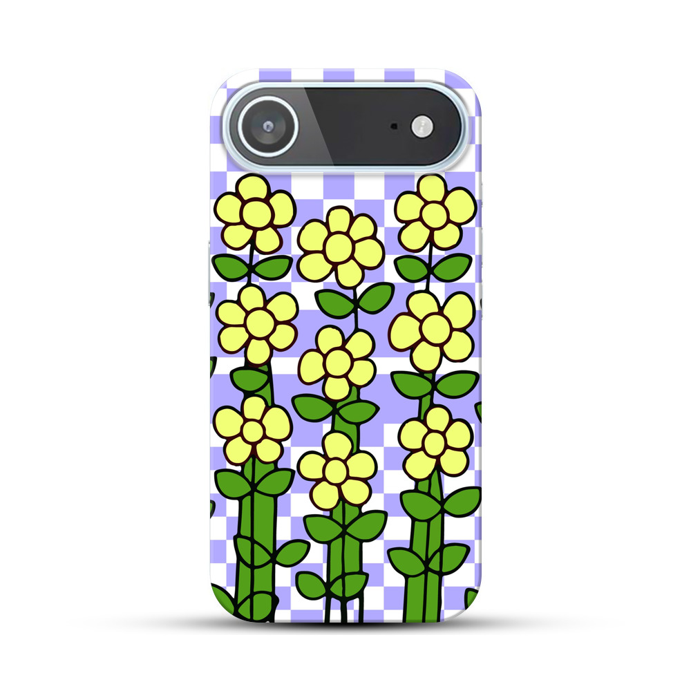 黄色い花とチェッカーボード背景 iPhone Airオリジナルハードケース