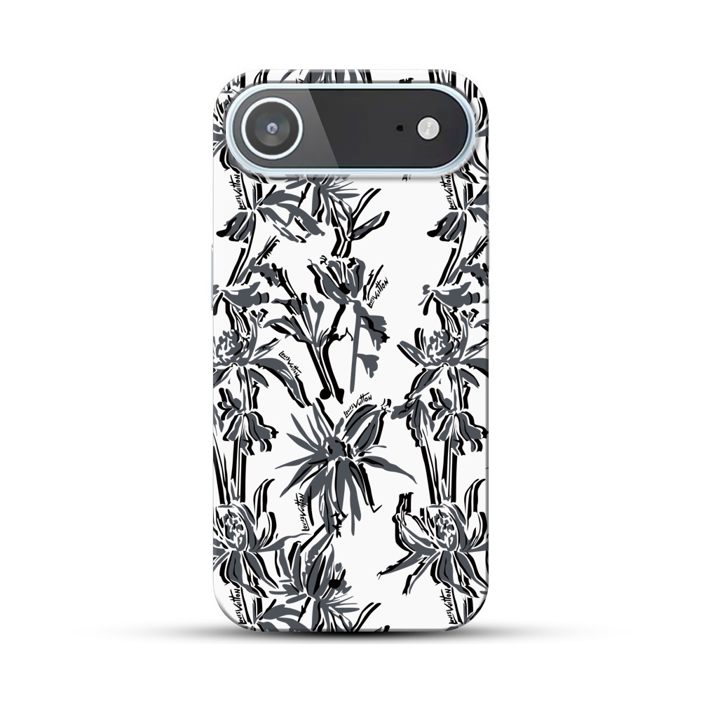 黒背景の銀色植物模様 iPhone Airオリジナルハードケース