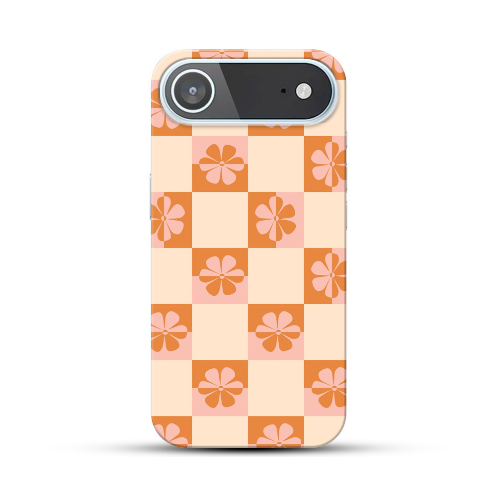 オレンジ色の花柄チェック模様 iPhone Airオリジナルハードケース