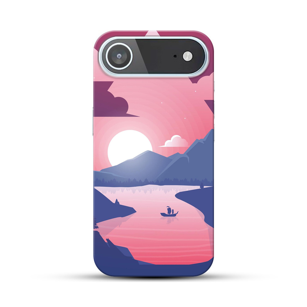 ピンク夕焼けの山湖風景ケース iPhone Airオリジナルハードケース