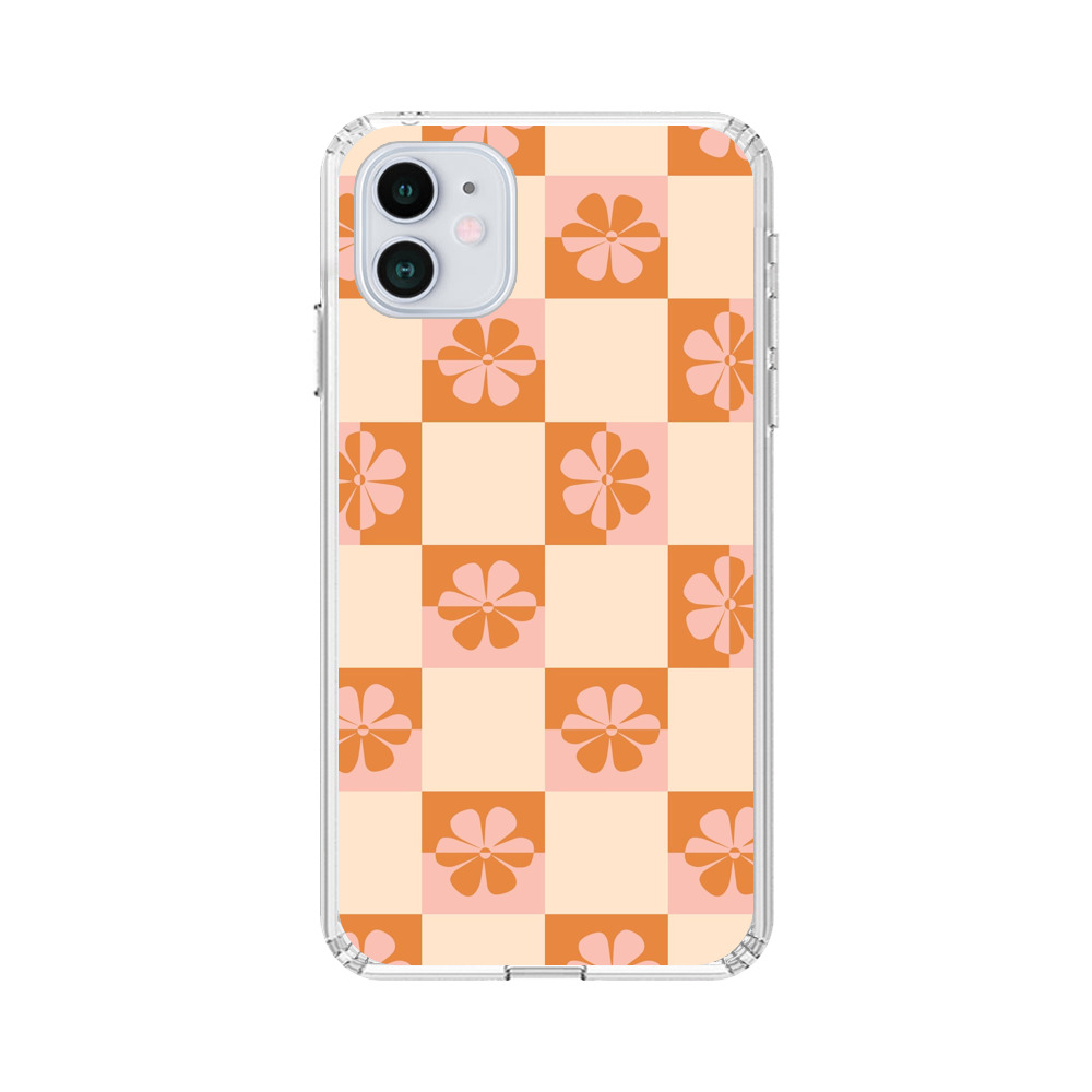 オレンジ色の花柄チェック模様 iPhone 12 Miniオリジナルケース