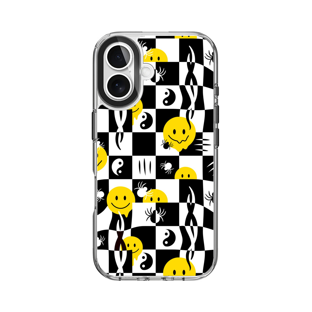 チェッカーパターンのスマイリースカル iPhone 16オリジナルケース
