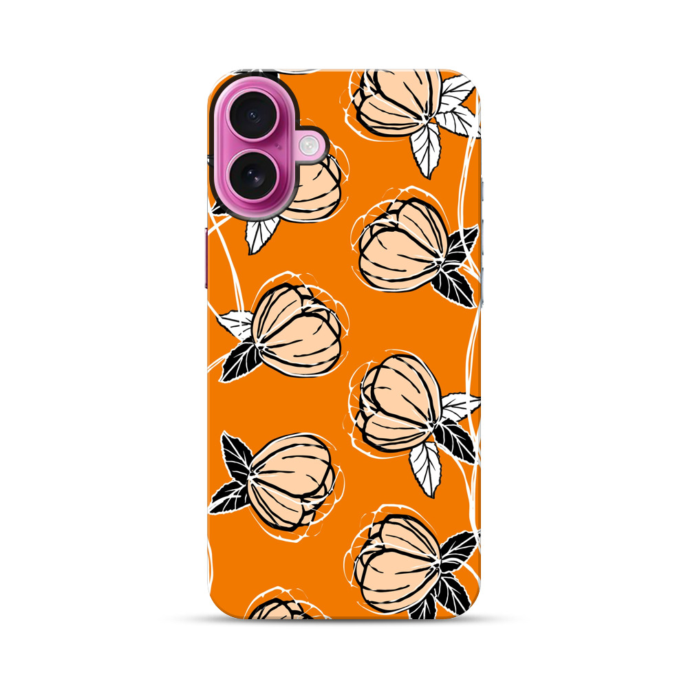 オレンジ色の花柄パターン iPhone 16 Plusオリジナル耐衝撃ケース