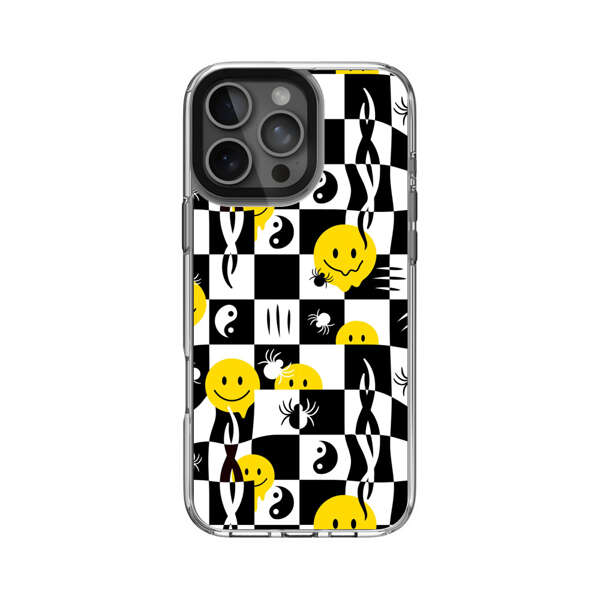 チェッカーパターンのスマイリースカル iPhone 16 Pro Maxオリジナルケース