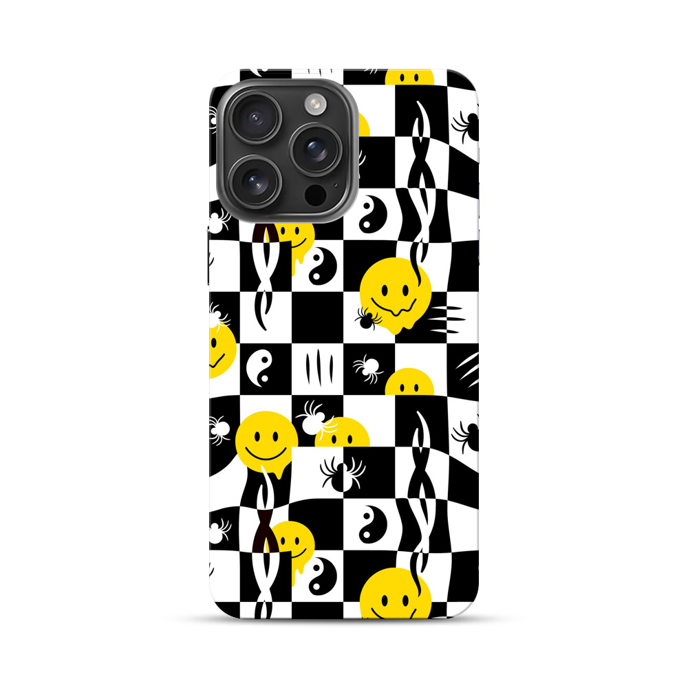 チェッカーパターンのスマイリースカル iPhone 16 Pro Maxオリジナルハードケース