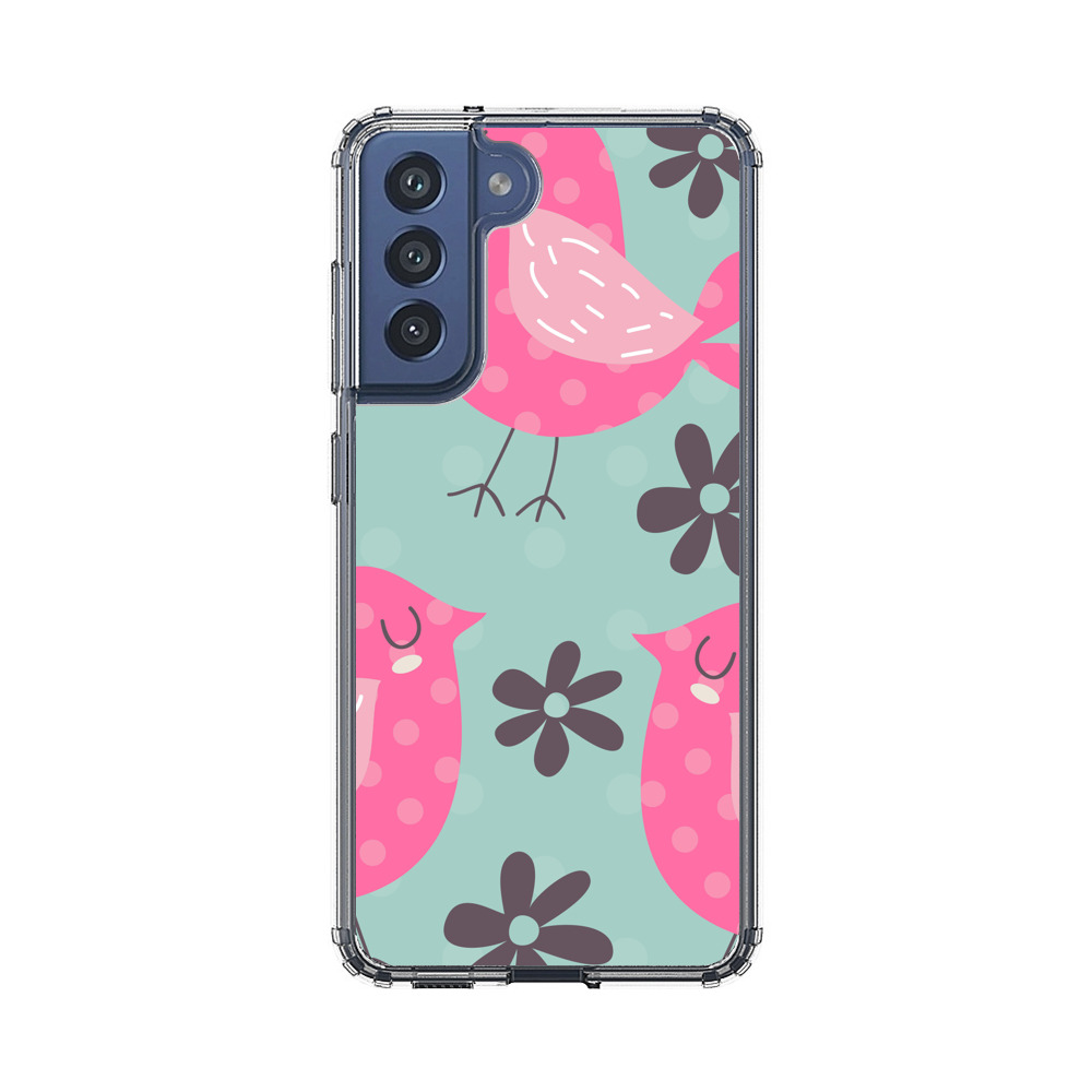 ピンクの小鳥と花のパターン Samsung Galaxy S21 FE 5Gオリジナルケース